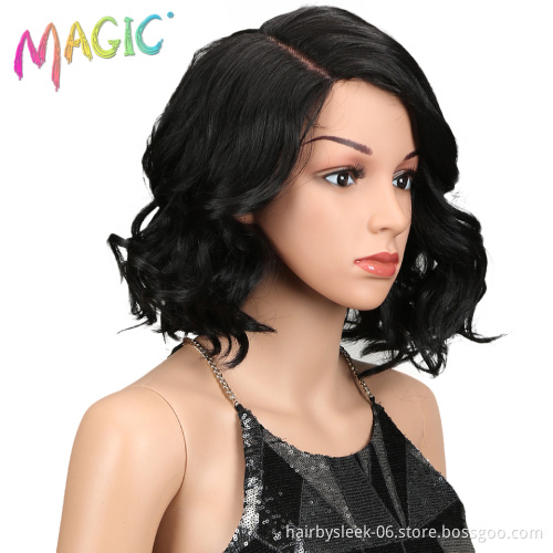 Magic Hair Short Loose Wavy Bob Wigs 12"inch Black Synthetic Front Lace Wigs For African American Women High Temperature Fiber